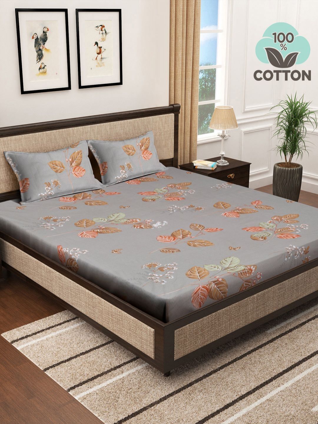 Myntra Elegant Homes Grey & White Floral 400 TC King Bedsheet with 2 Pillow Covers-image-16