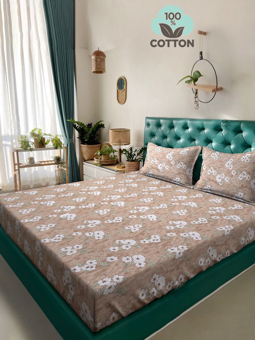 Myntra Elegant Homes Beige & White Floral 400 TC King Bedsheet with 2 Pillow Covers-picture-36