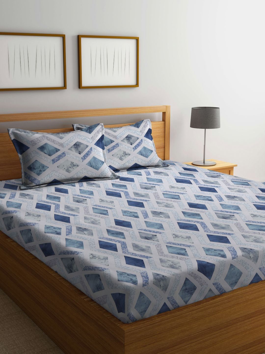 Myntra Elegant Homes White & Blue Geometric 400 TC King Bedsheet with 2 Pillow Covers-image-14