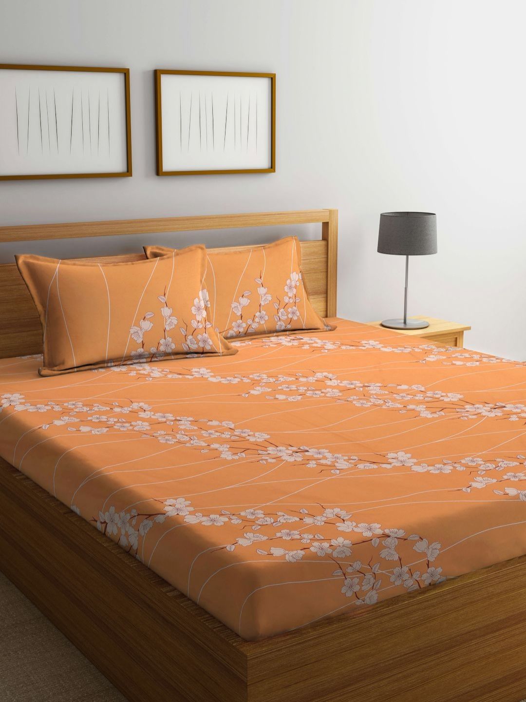Myntra Elegant Homes Orange & White Floral 400 TC King Bedsheet with 2 Pillow Covers-image-18