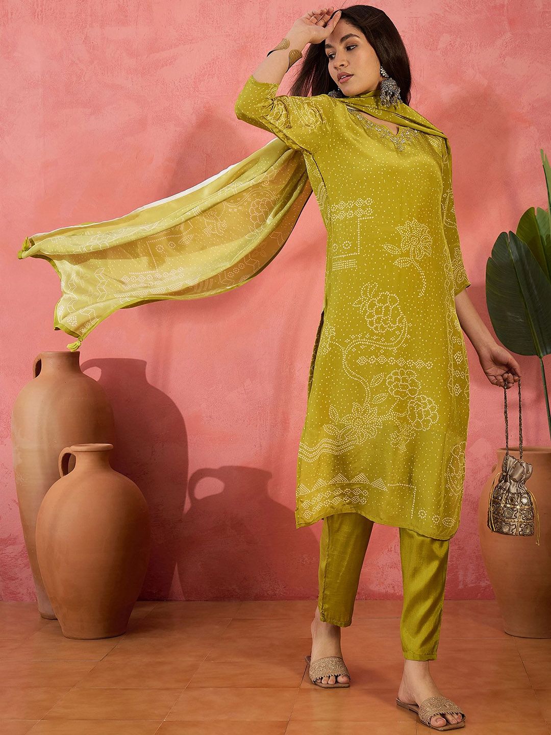 Bandhani Printed Shoulder Straps Kurta Set With Dupatta