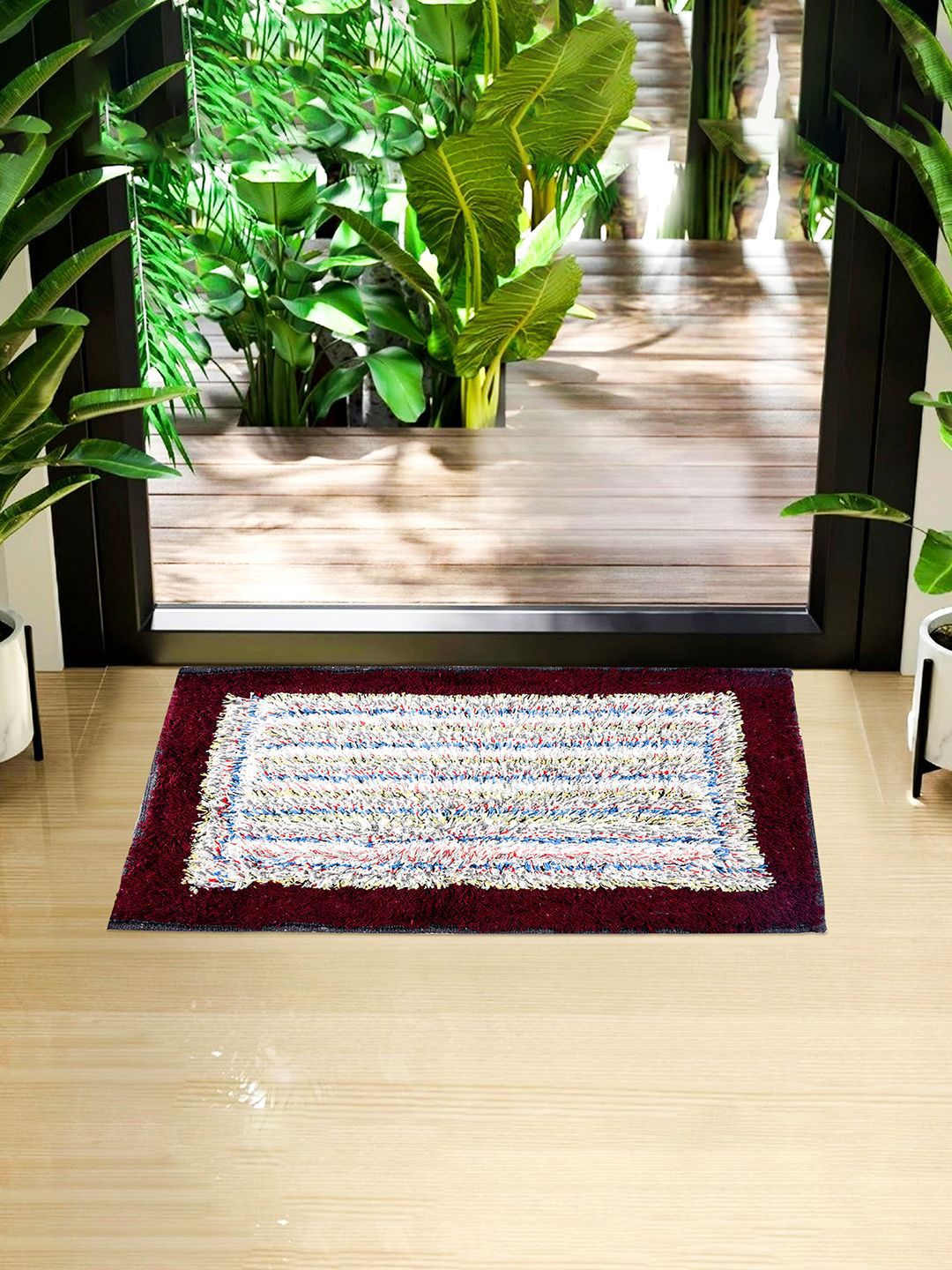 Kuber Industries Maroon & White Striped Rectangular Stain Resistant Dust Trapper Doormat-image-12