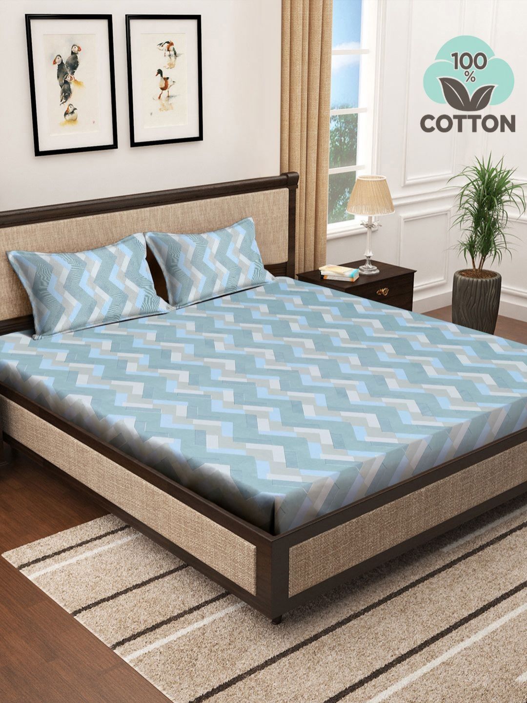 Myntra Elegant Homes Blue & White Geometric 400 TC King Bedsheet with 2 Pillow Covers-image-12