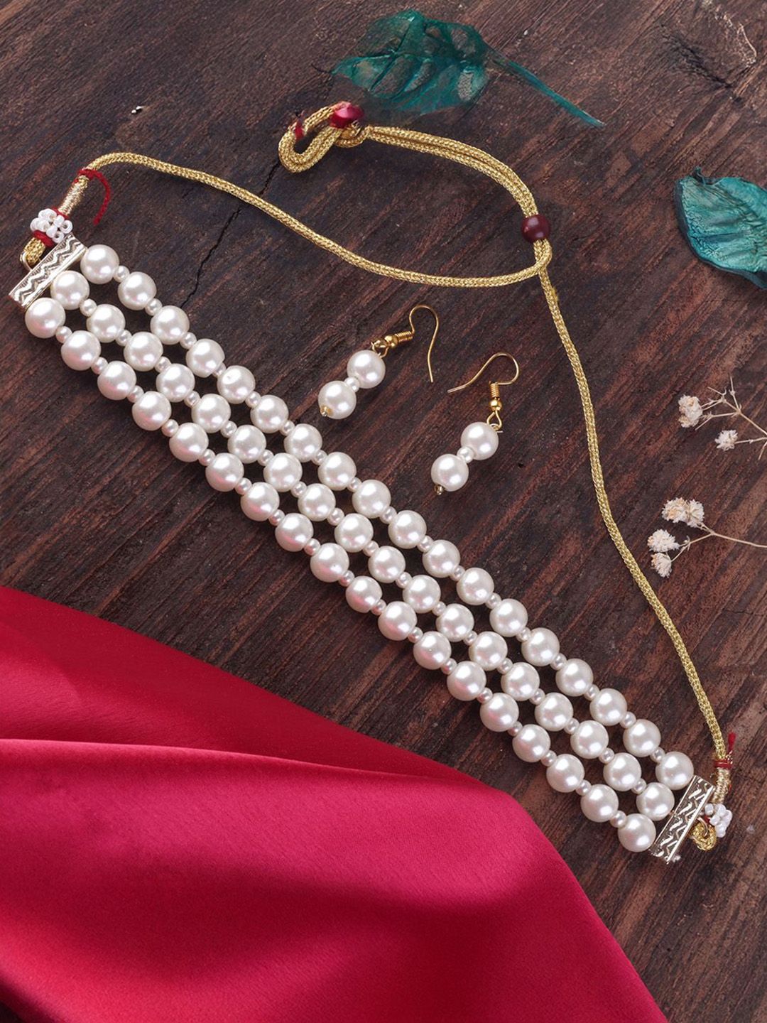 SHONA'S STYLE Gold-Plated Three-Layered Pearls Choker Jewellery Set-picture-16