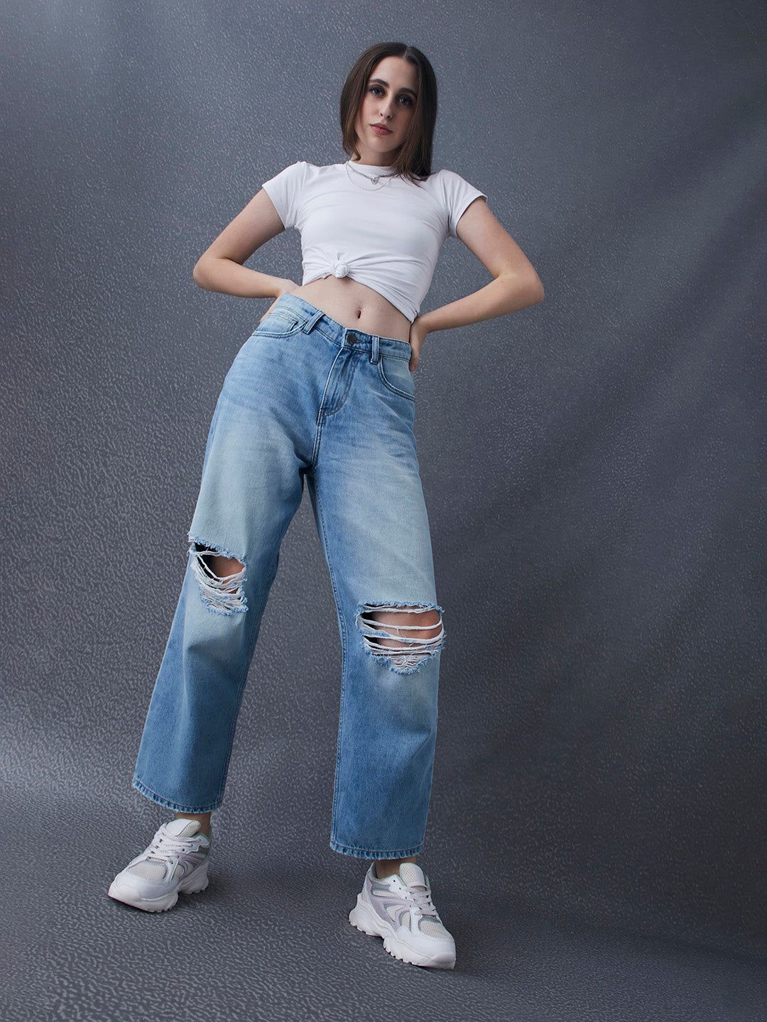 Women's Navy Blue Jogger High-Rise Low Distress Heavy Fade Stretchable Jeans