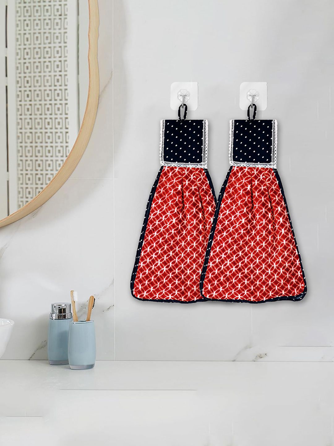 Kuber Industries 2-Pcs Red & White Zig Zag Washbasin Hanging Kitchen Towel With Ties-image-38