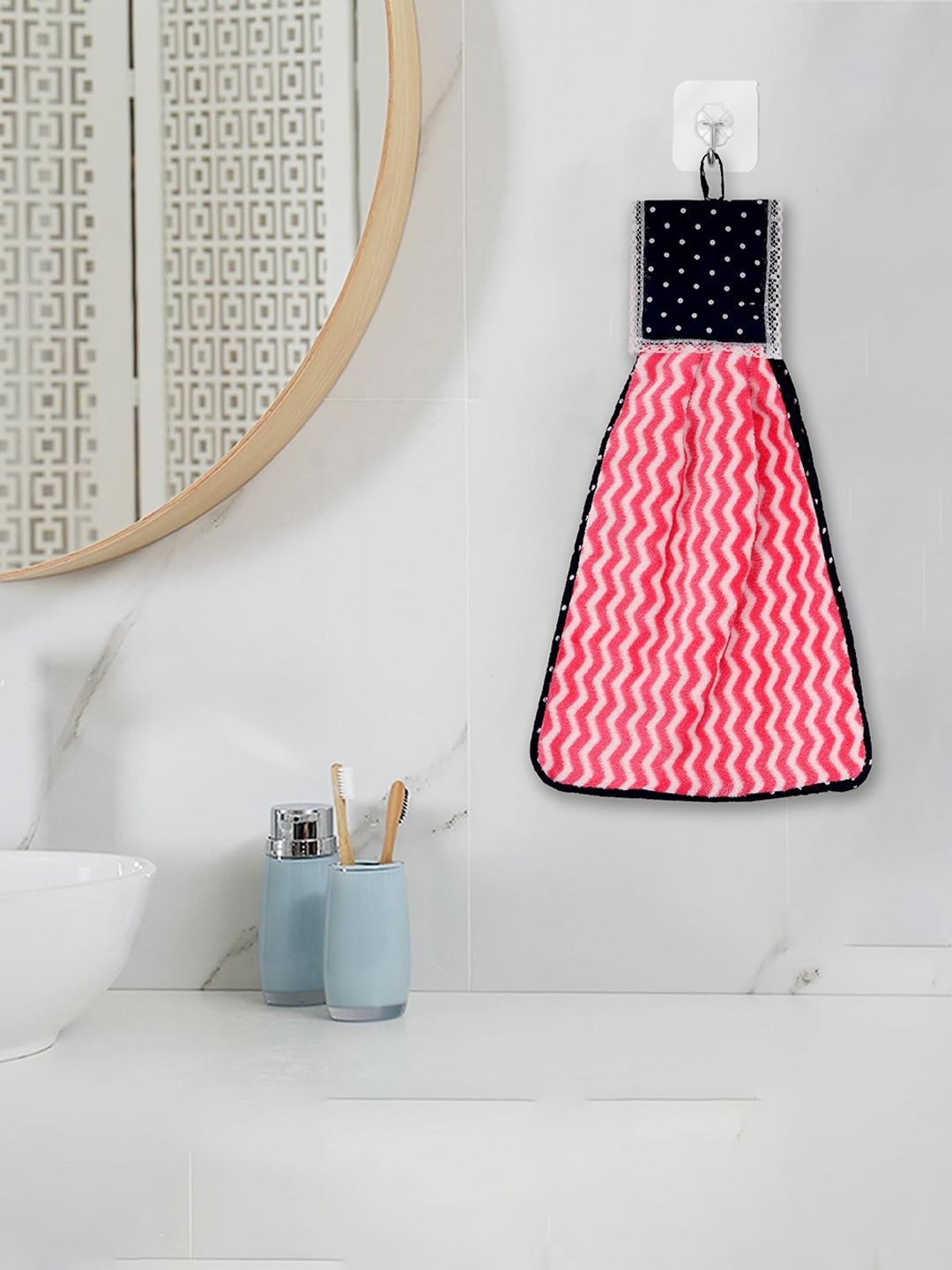 Kuber Industries Pink & White Zig Zag Washbasin Hanging Kitchen Towel With Ties-picture-46