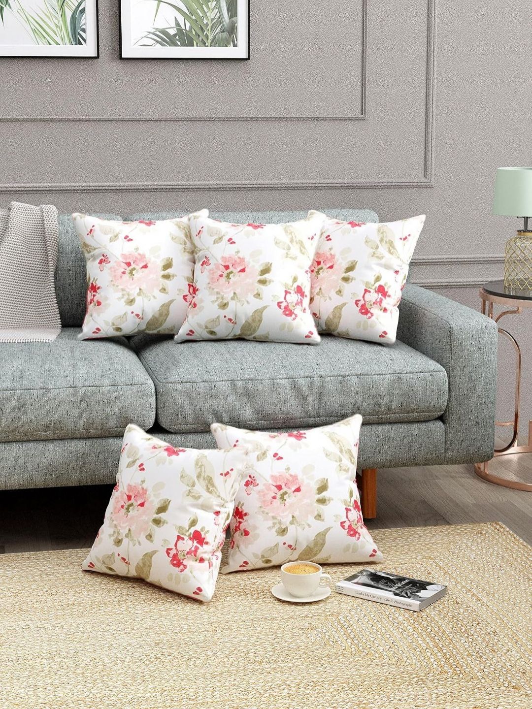 Trance Home Linen Pink & Green Set of 5 Floral Square Cushion Covers-picture-11