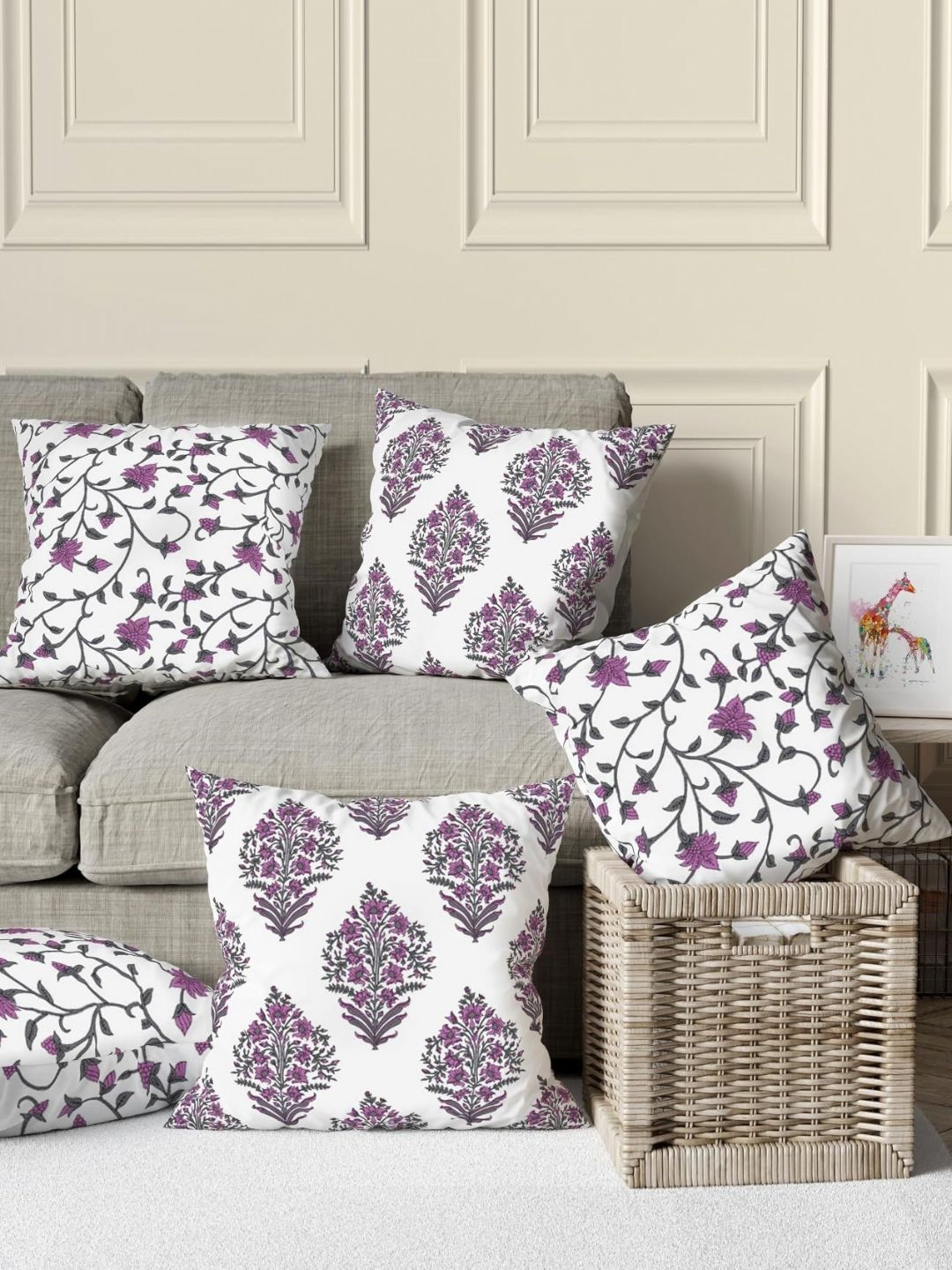 Trance Home Linen Mauve & White Set of 5 Floral Square Cushion Covers-picture-34