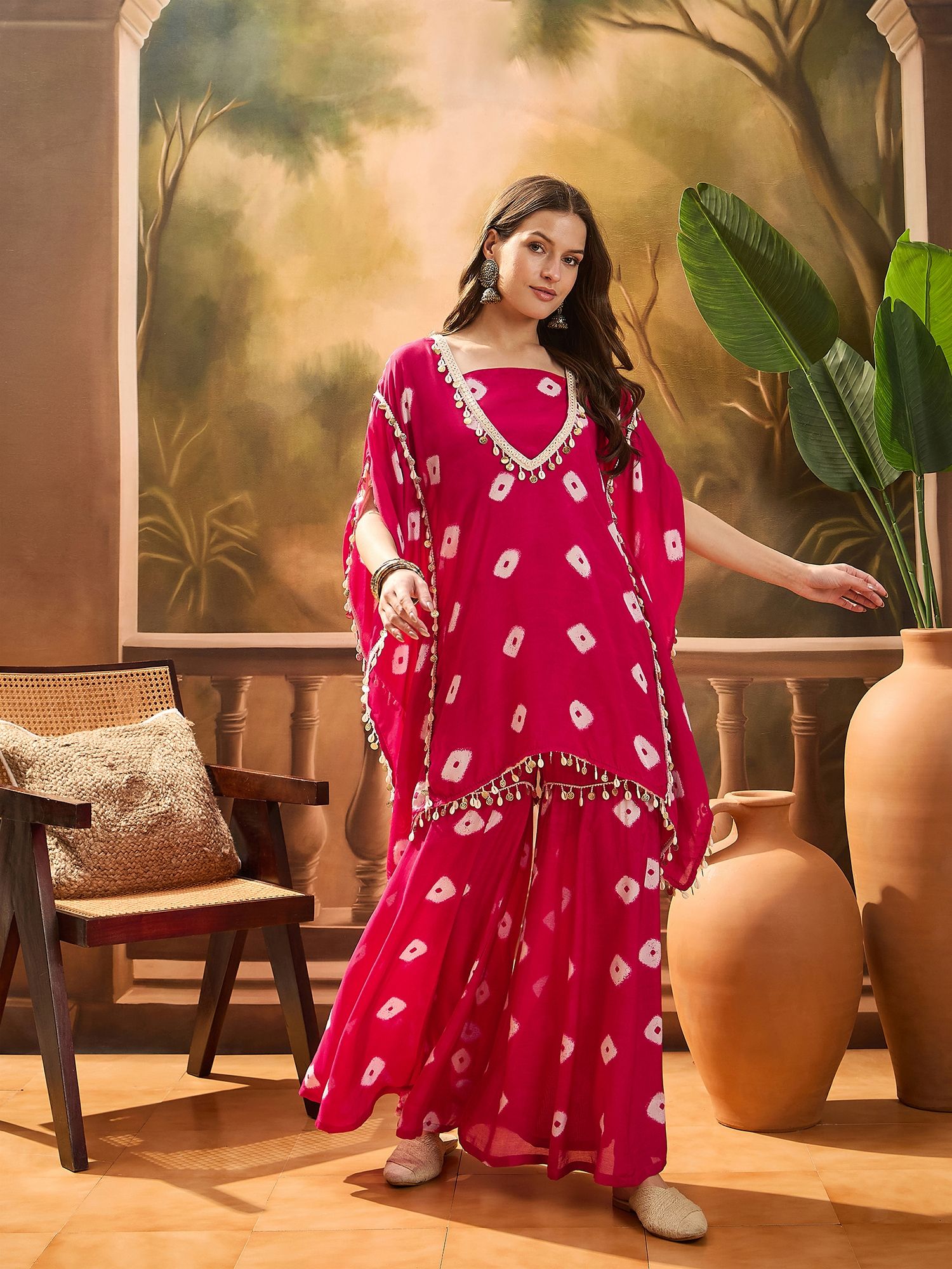Sangria Bandhej Printed Kaftan & Tube Top With Sharara-image-40
