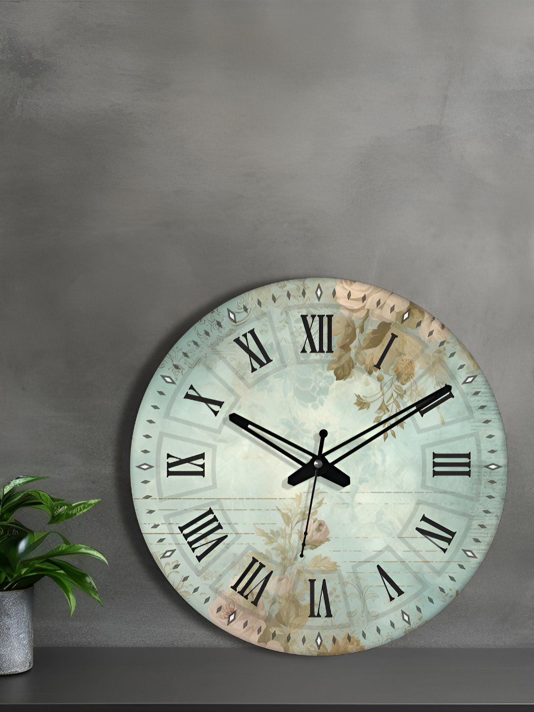 OLIVE TREE Green Floral Printed Wooden Round Shaped Contemporary Analogue Wall Clock-picture-11
