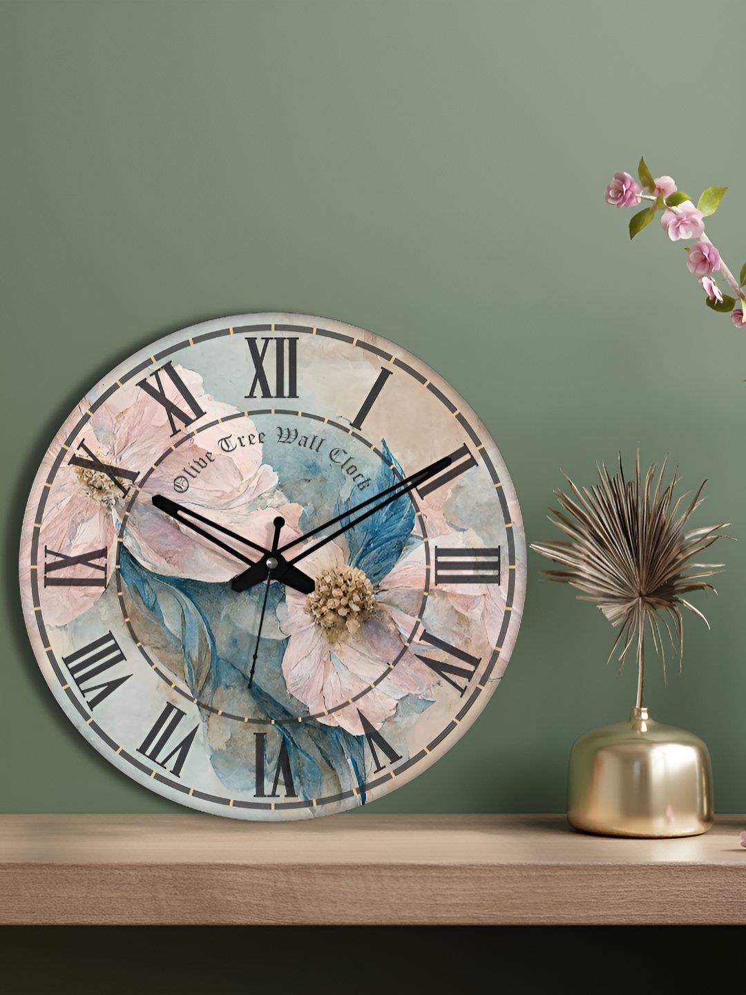OLIVE TREE Blue & Pink Floral Printed Wooden Round Shaped Contemporary Analogue Wall Clock-image-11