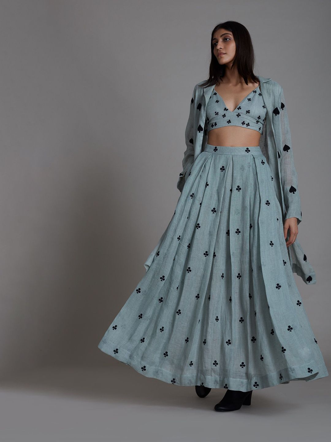 MATI Quirky Printed Linen Lehenga With Blouse & Shrug-image-23
