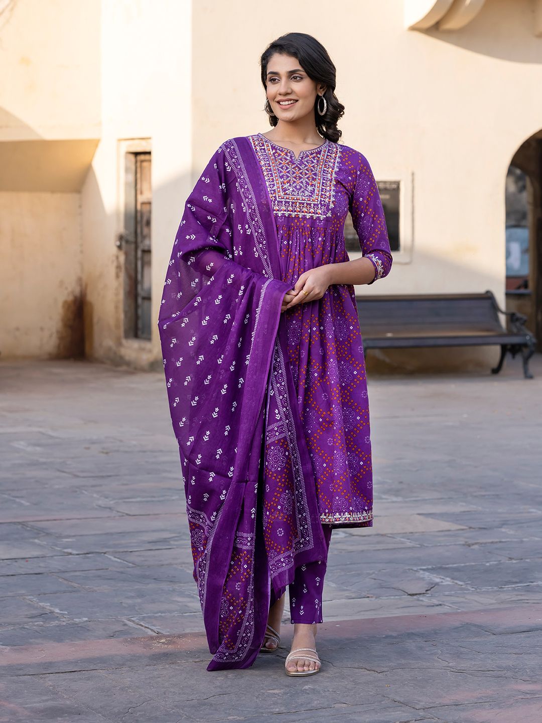 KALINI Women Bandhani Embroidered Regular Pure Cotton Kurta with Trousers & With Dupatta-picture-11