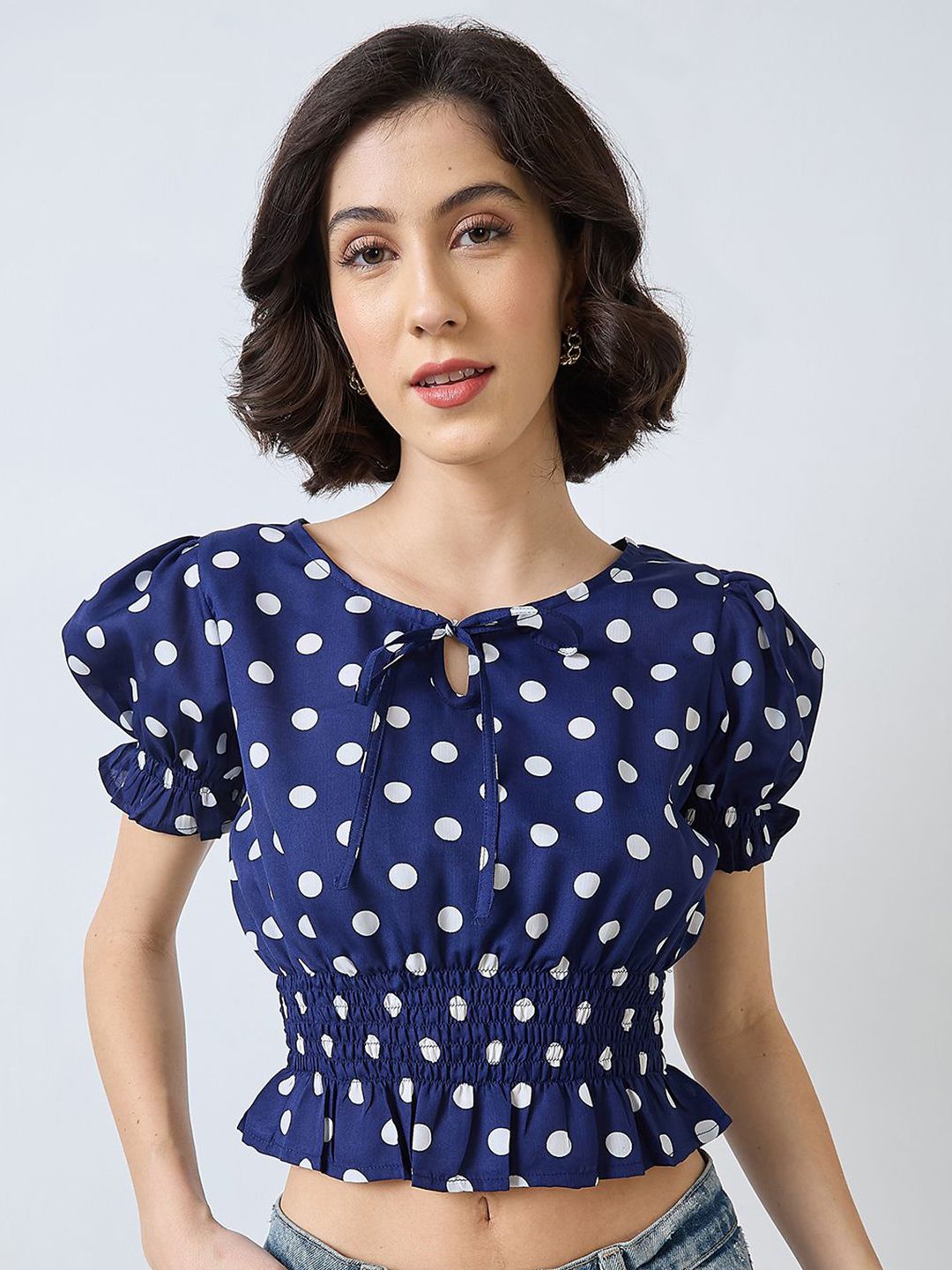 SZN Polka Dot Print Puff Sleeve Cinched Waist Crop Top-picture-16