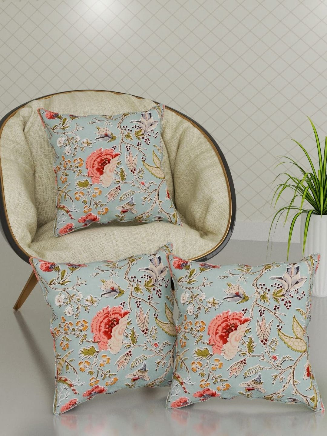 Trance Home Linen Green & Peach-Coloured Set of 3 Floral Square Cushion Covers-picture-17