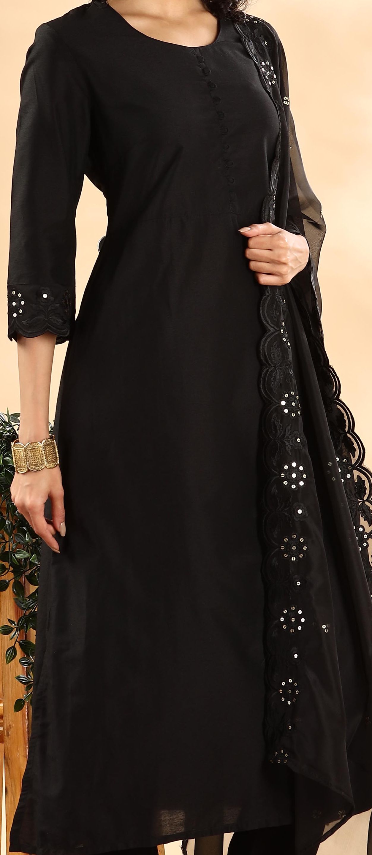 Black Yoke Design Cotton Straight Kurta With Trousers & Dupatta