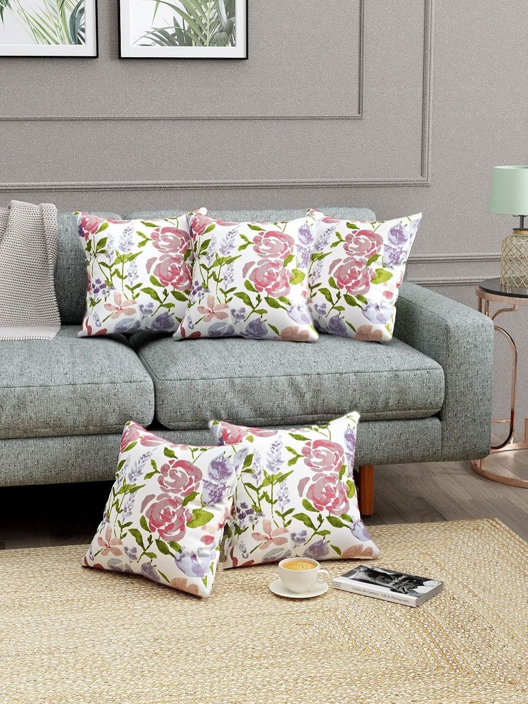 Trance Home Linen Purple & Pink Set of 5 Floral Square Cushion Covers-image-32