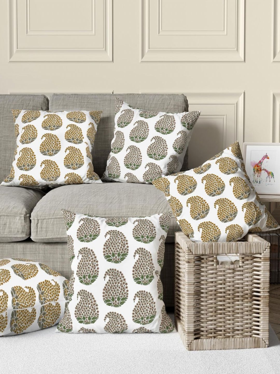 Trance Home Linen Gold-Toned & White Set of 5 Floral Square Cushion Covers-image-34