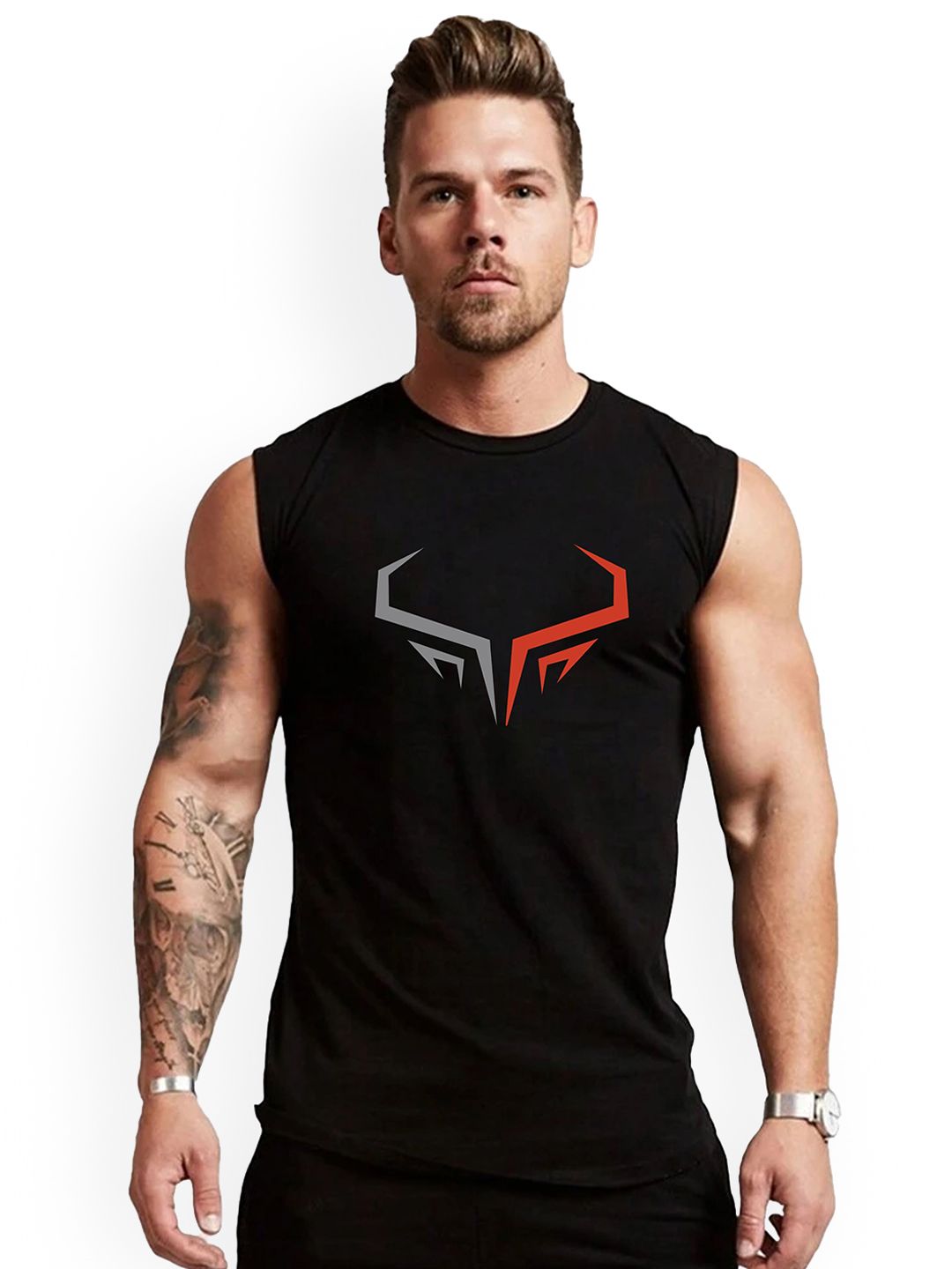 3Colors Printed Round Neck Gym VEST-CCUT-HORN-BLK_M-picture-26