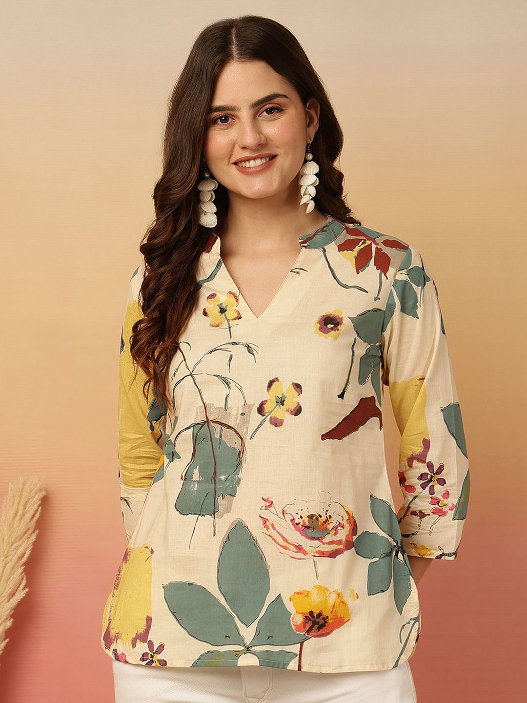 Anouk Rustic Floral Print Mandarin Collar Cotton Top-picture-58