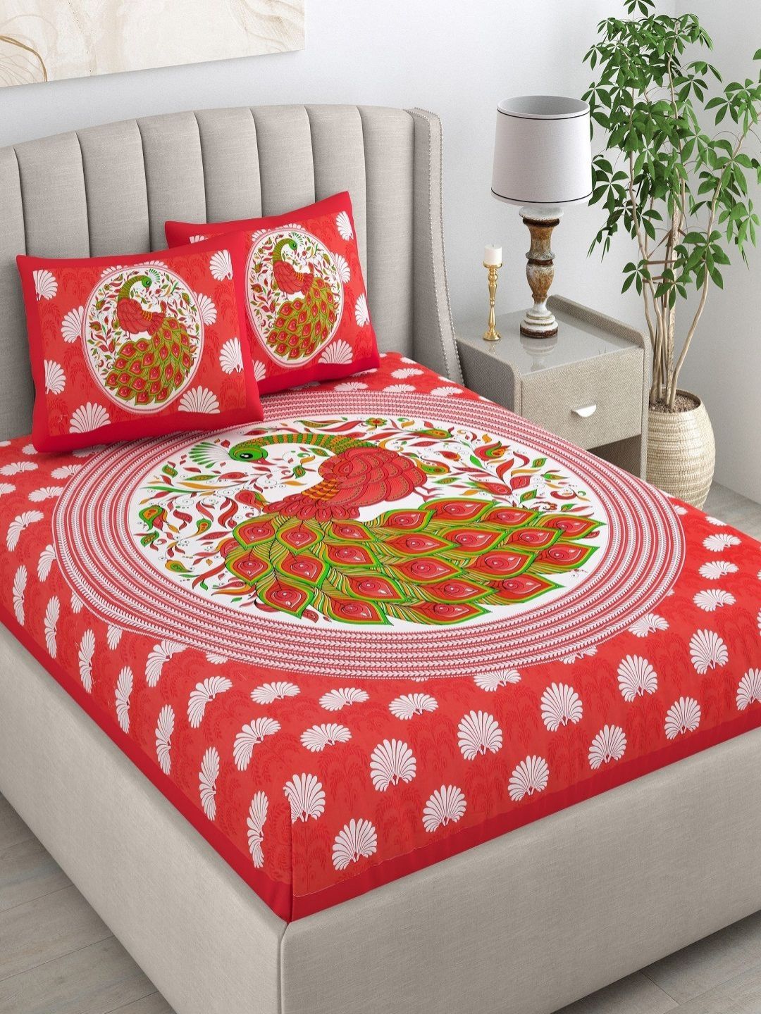 CHICERY Red & Green Ethnic Motifs 210 TC King Bedsheet with 2 Pillow Covers-image-4
