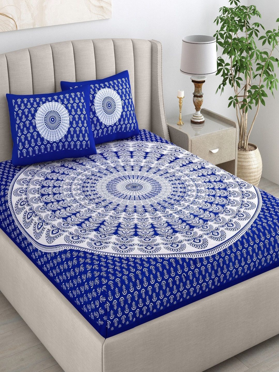 CHICERY Blue & White Ethnic Motifs 210 TC King Bedsheet with 2 Pillow Covers-image-33