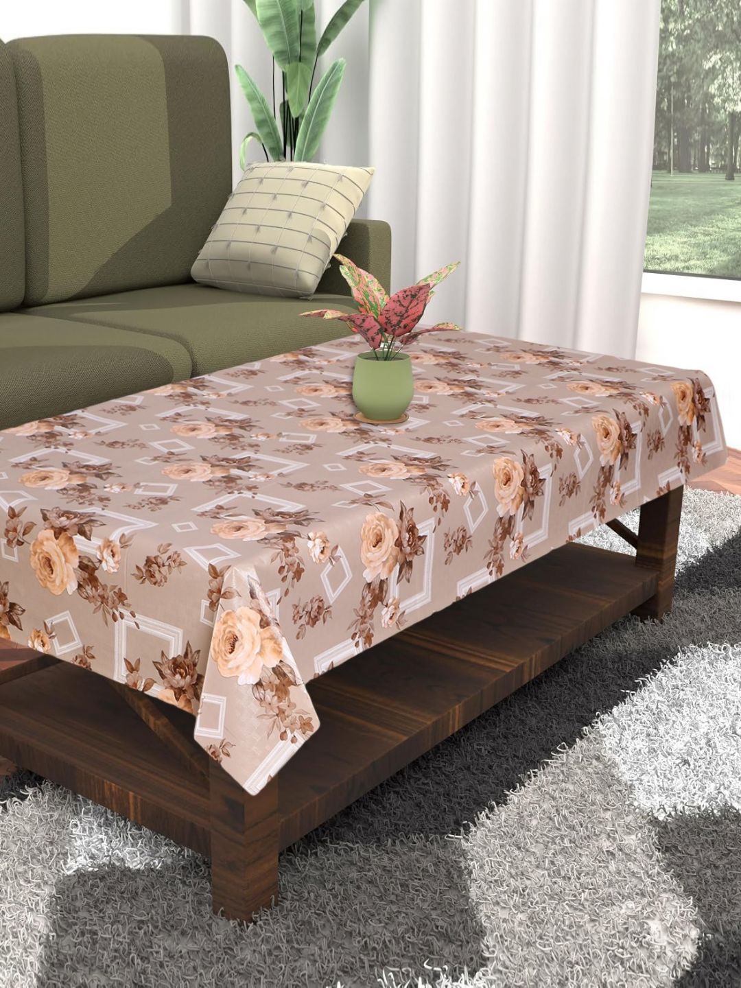 Dakshya Industries Beige Floral Waterproof Plastic 4-Seater Table Cover-picture-24