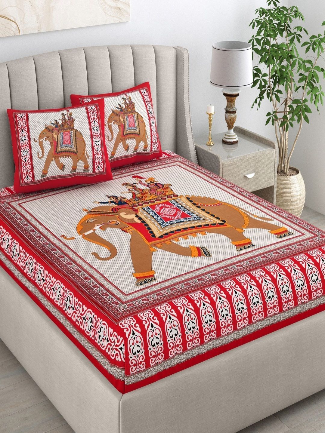 CHICERY Red & Mustard Ethnic Motifs 210 TC King Bedsheet with 2 Pillow Covers-image-12