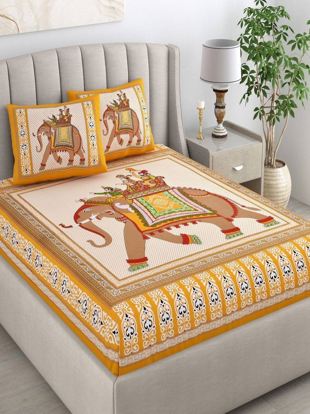 CHICERY Yellow & Red Ethnic Motifs 210 TC King Bedsheet with 2 Pillow Covers-image-18