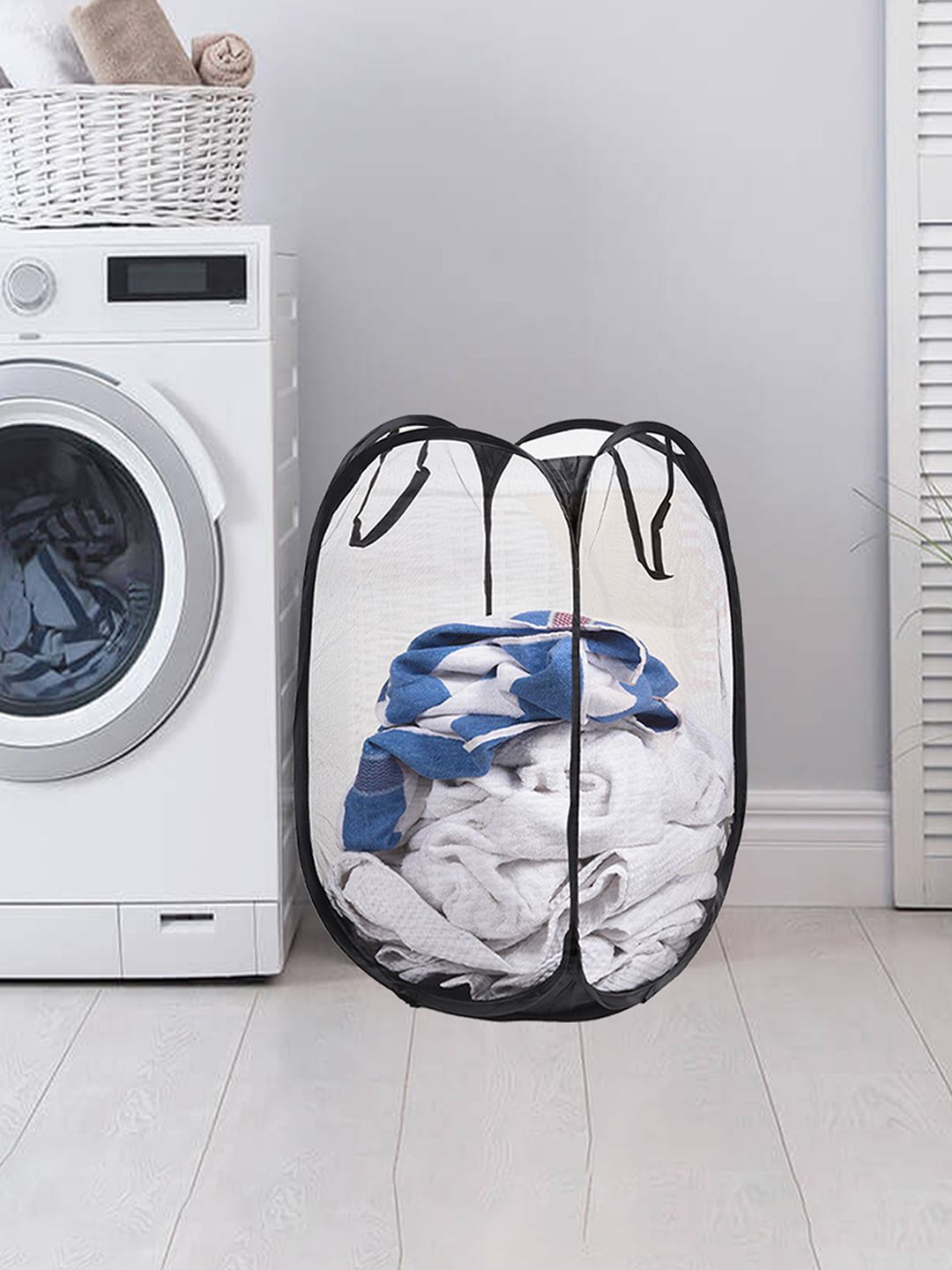 Kuber Industries White & Black Foldable Laundry Bag With Handle - 30 L-picture-26