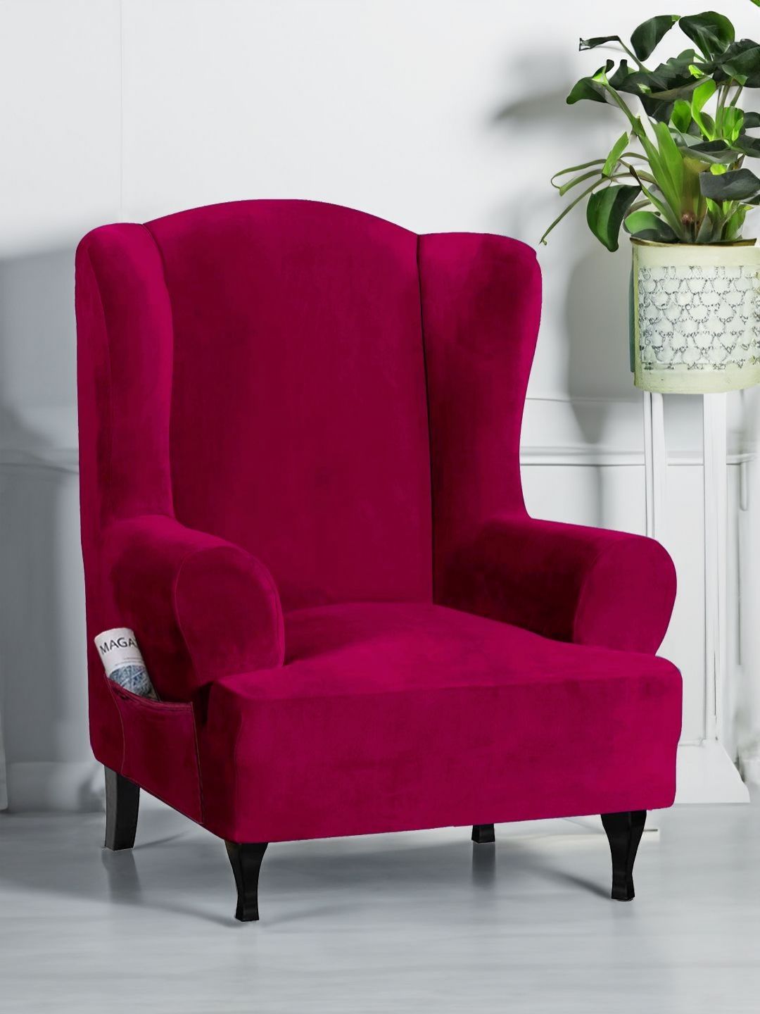 Myntra Elegant Homes Maroon Velvet Stretchable Wingchair Cover With Arms-picture-34