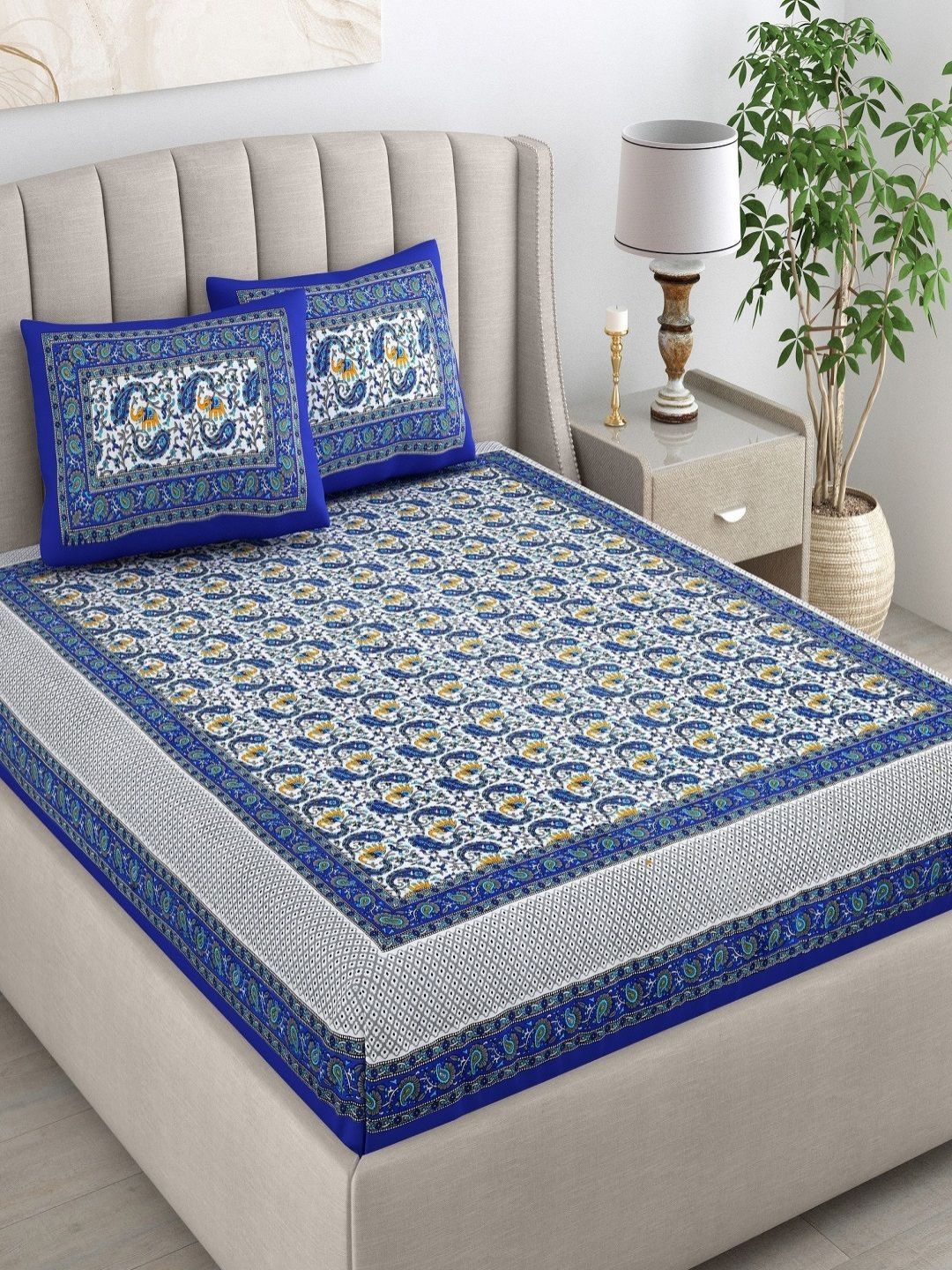 CHICERY White & Blue Floral 210 TC King Bedsheet with 2 Pillow Covers-image-15