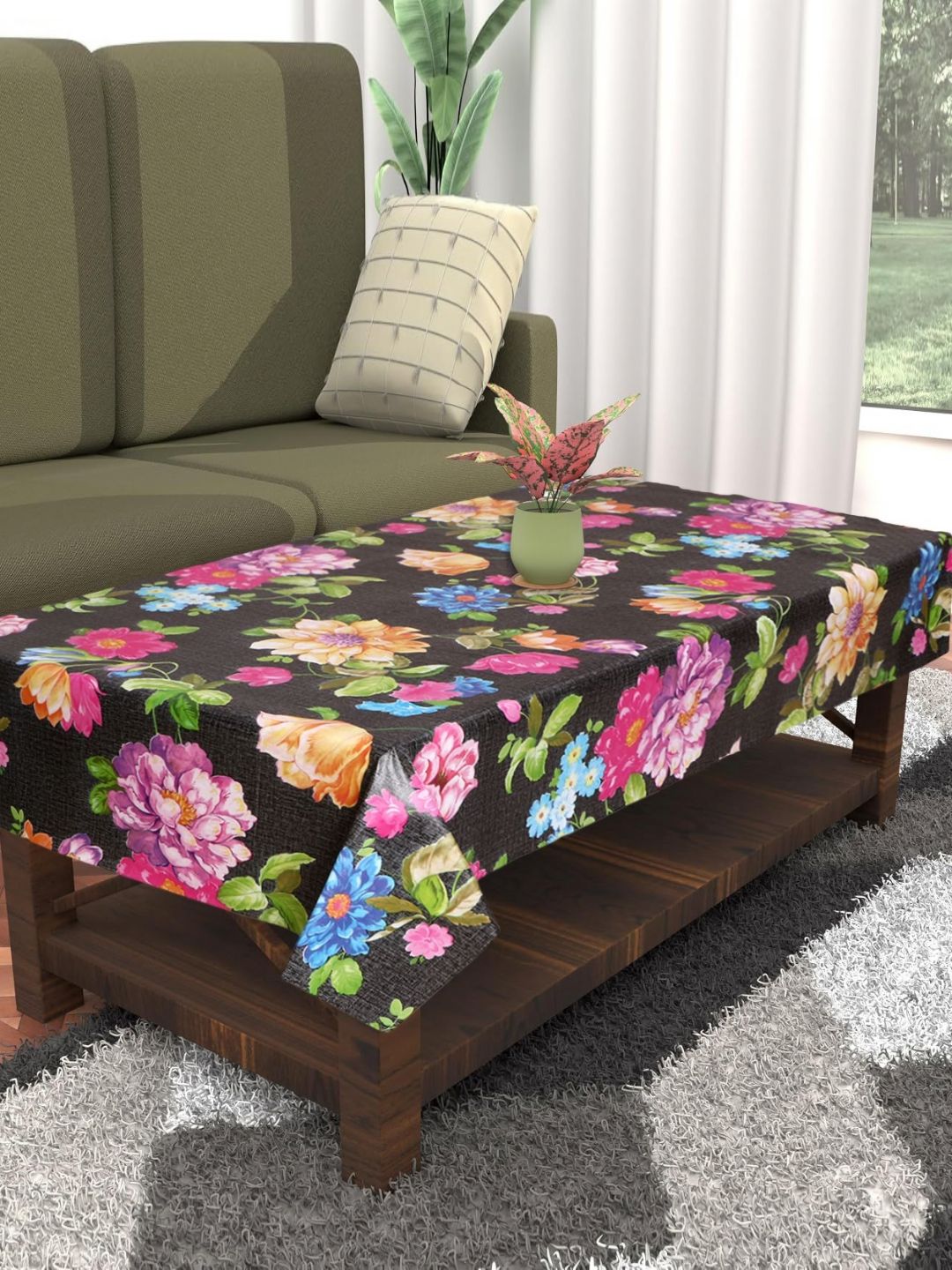 Dakshya Industries Black Floral Waterproof Plastic 4-Seater Table Cover-picture-29