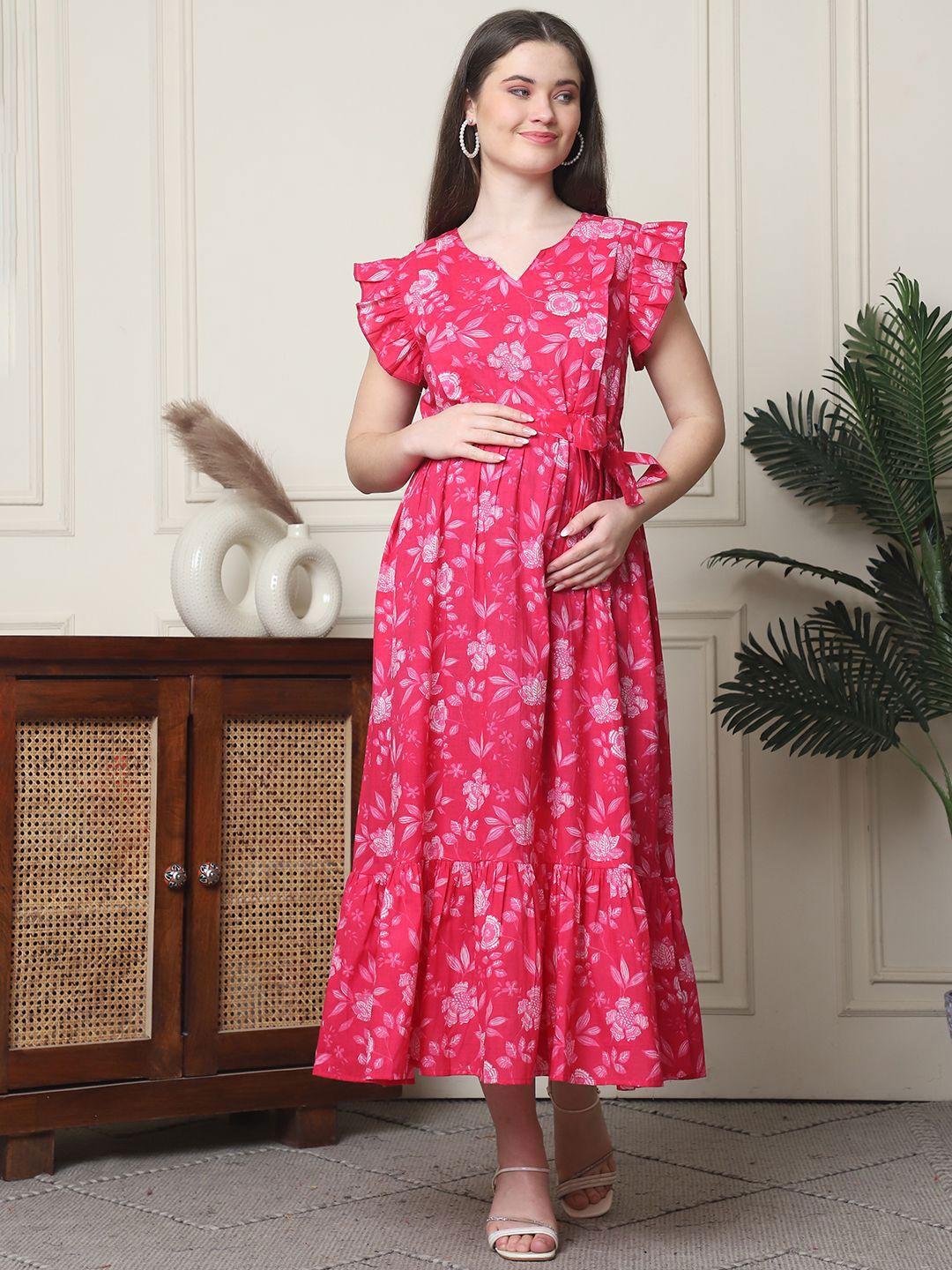 Frempy Floral Print Organic Cotton Maternity Fit & Flare Maxi Dress