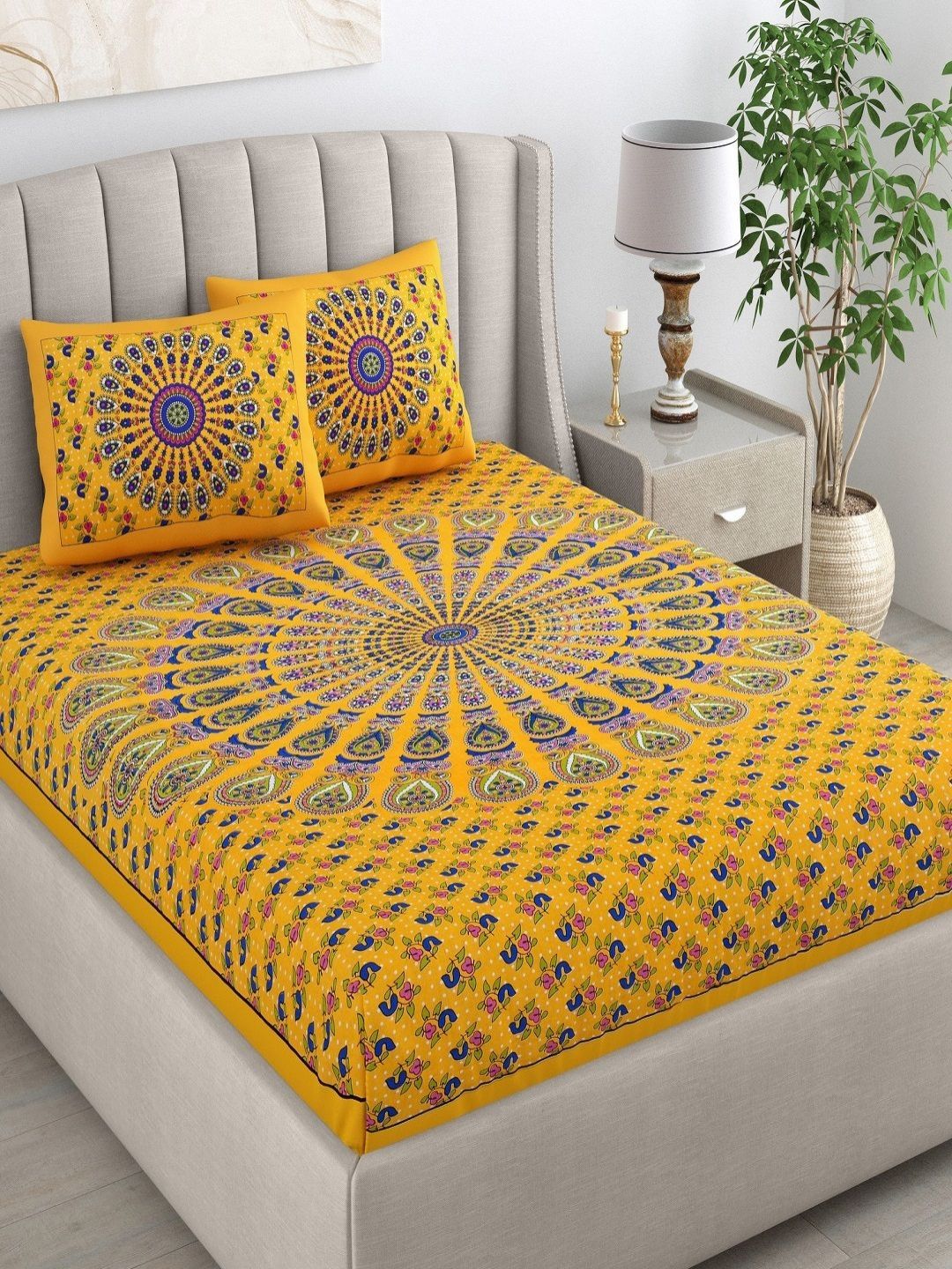 CHICERY Yellow & Blue Ethnic Motifs 210 TC King Bedsheet with 2 Pillow Covers-image-49