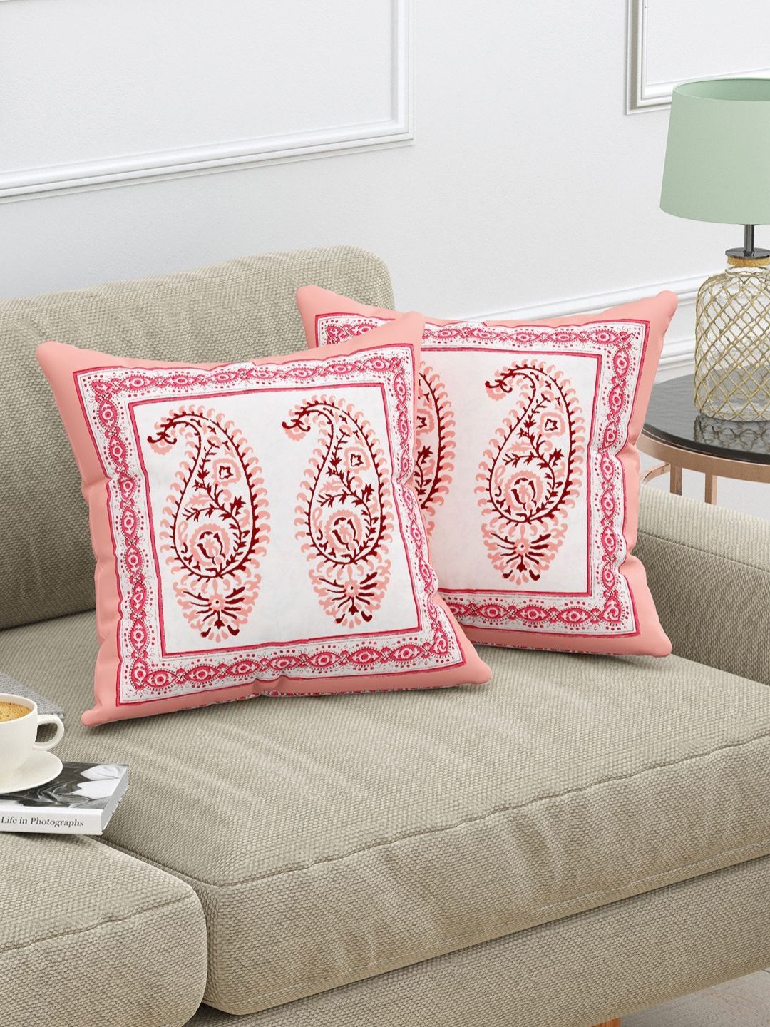 Myntra Elegant Homes Pink & White Set of 2 Ethnic Motifs Square Cushion Covers-picture-26