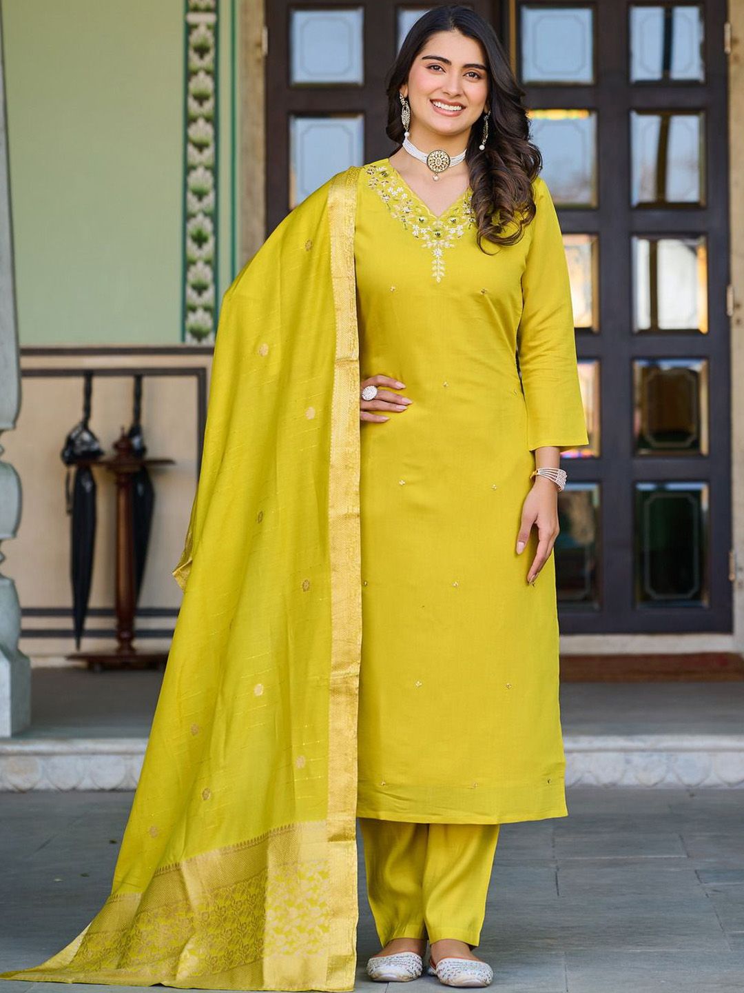 KALINI Women Floral Embroidered Regular Thread Work Raw Silk Kurta with Trousers & With Dupatta