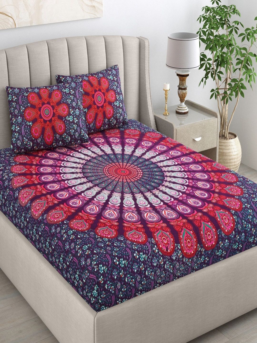 CHICERY Blue & Red Ethnic Motifs 210 TC King Bedsheet with 2 Pillow Covers-picture-13