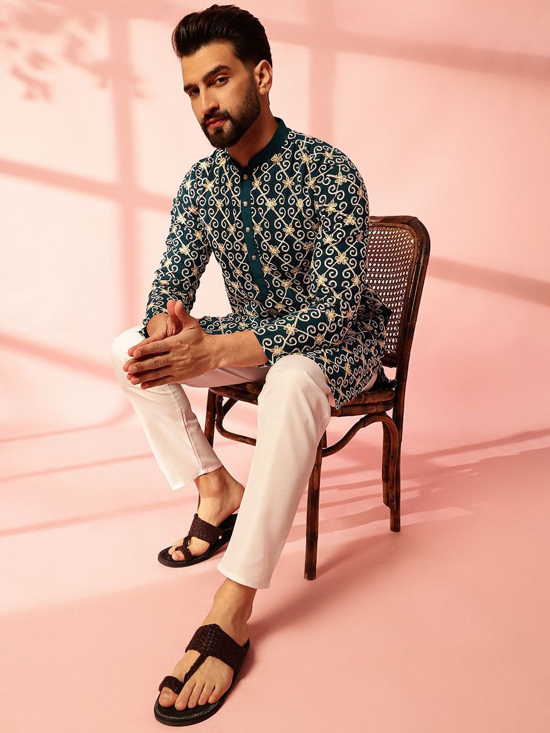 Men Floral Embroidered Sequinned Pure Cotton Kurta Set with Pyjamas – Green, Mandarin Collar