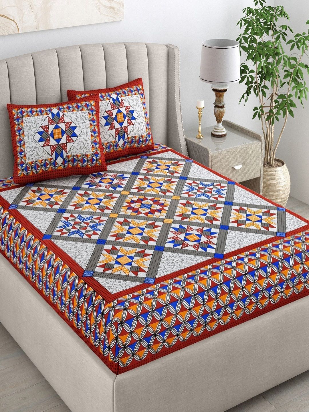 CHICERY Blue & Grey Ethnic Motifs 210 TC King Bedsheet with 2 Pillow Covers-picture-16