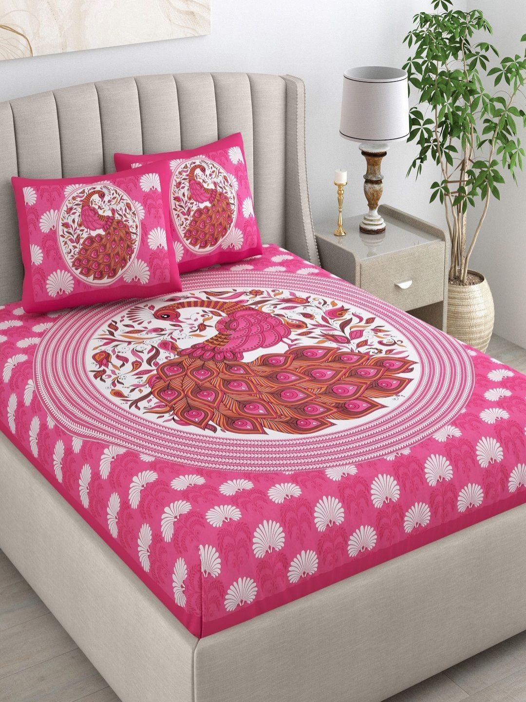 CHICERY Pink & White Ethnic Motifs 210 TC King Bedsheet with 2 Pillow Covers-image-14