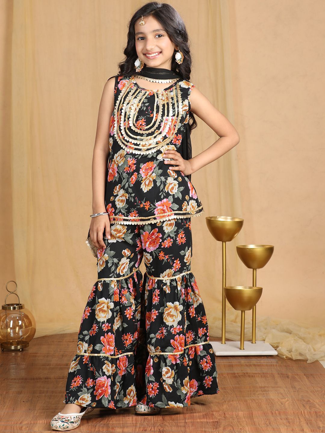 Cutiekins Girls Floral Embroidered Empire Sequinned Kurta with Sharara & With Dupatta-picture-52