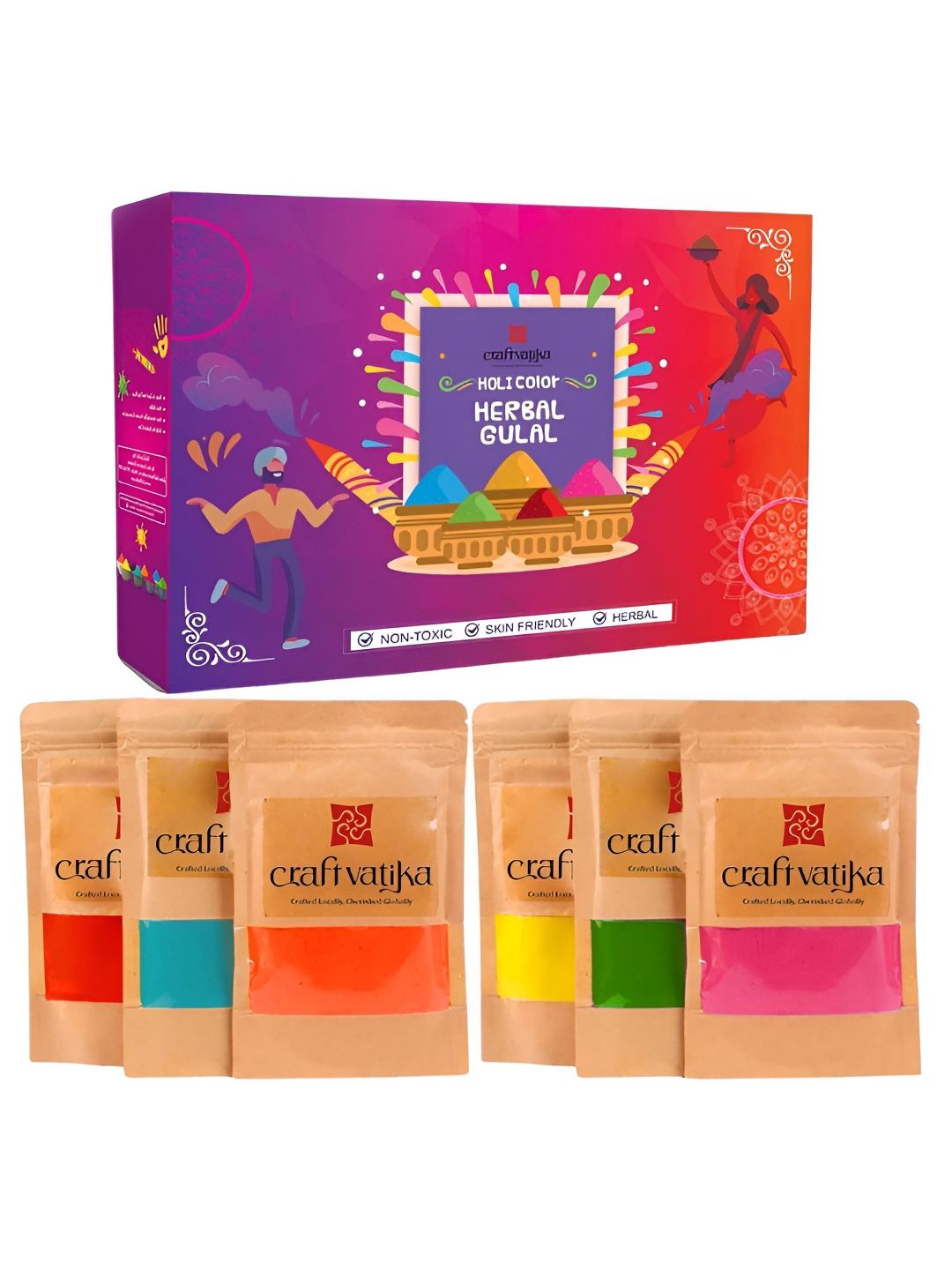 CraftVatika 6-Pcs Red & Blue Skin Friendly Holi Gulal