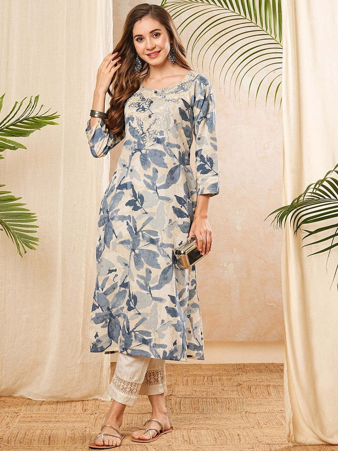 PHYSIL Floral Printed Round Neck Thread Work Straight Cotton Kurta