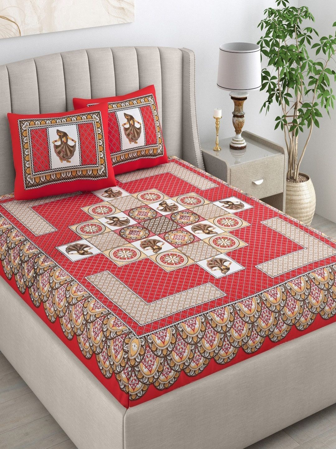 CHICERY Red & Green Ethnic Motifs 210 TC King Bedsheet with 2 Pillow Covers-image-9