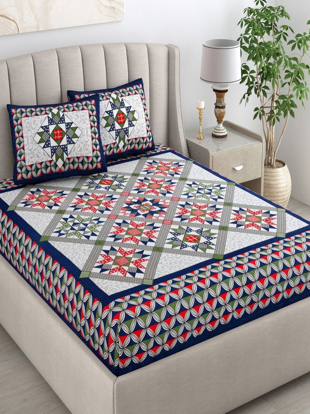 CHICERY Blue & Grey Ethnic Motifs 210 TC King Bedsheet with 2 Pillow Covers-picture-15