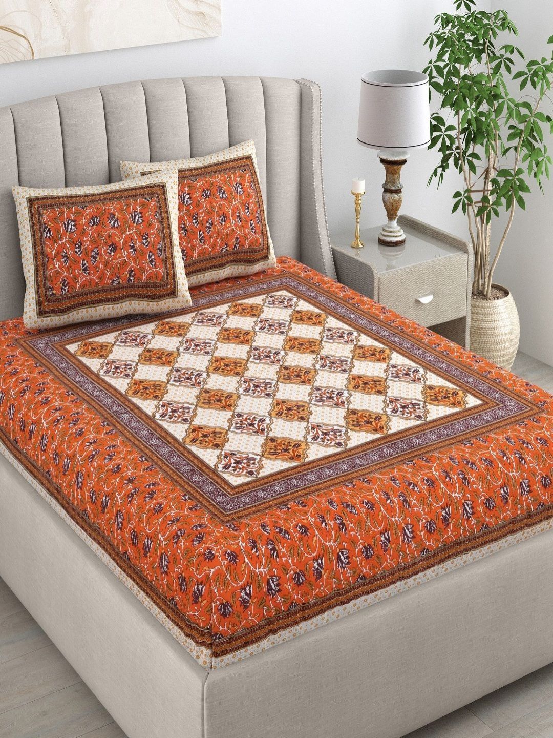 CHICERY Orange & White Floral 210 TC King Bedsheet with 2 Pillow Covers-image-37