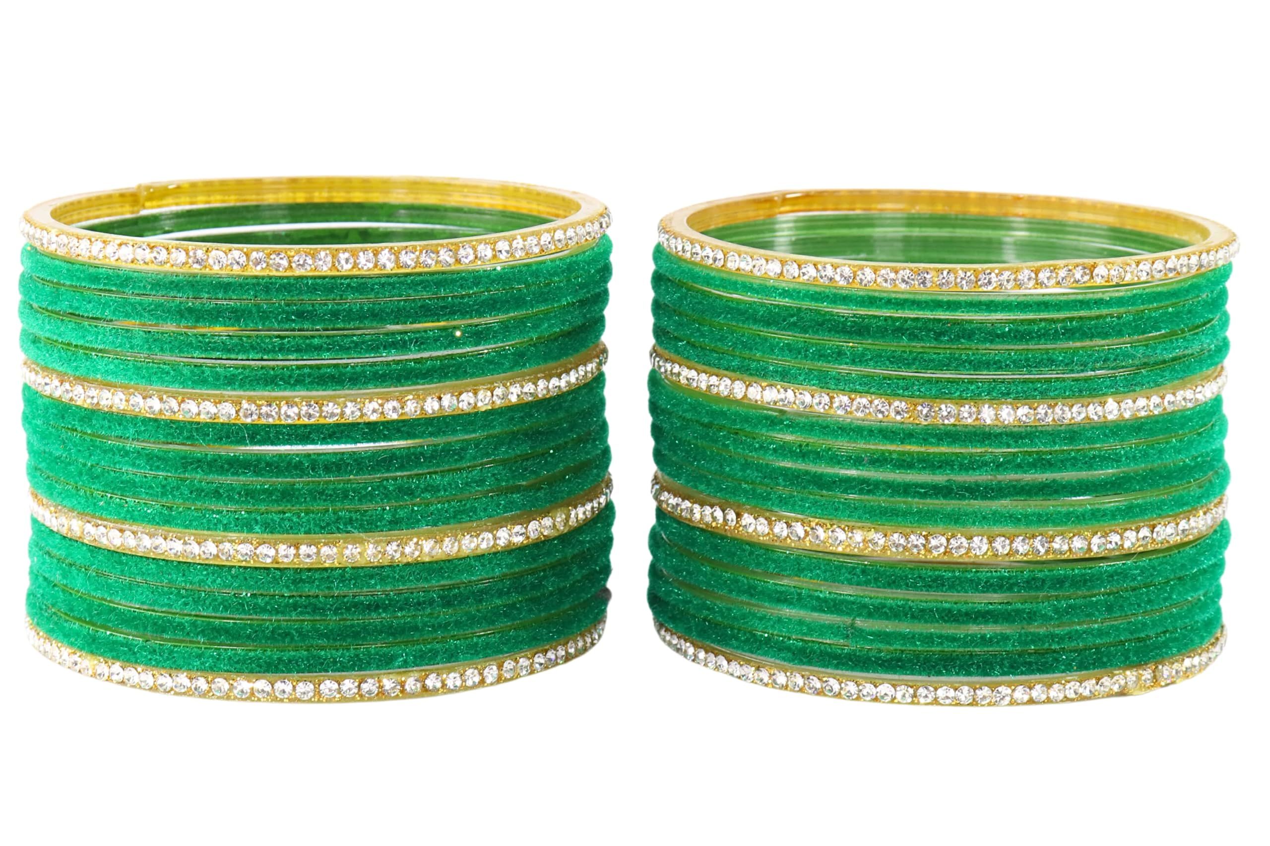 ZULKA Set Of 32 Glass With Velvet & Golden Zircon Diamond Studded Bangles-picture-30