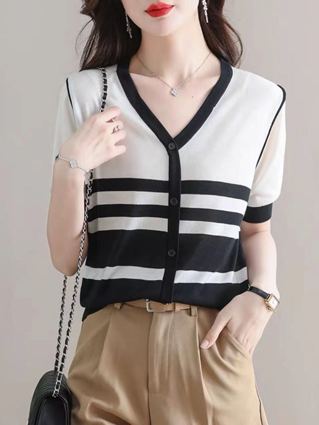 StyleCast Women Striped V-Neck T-shirt-picture-37